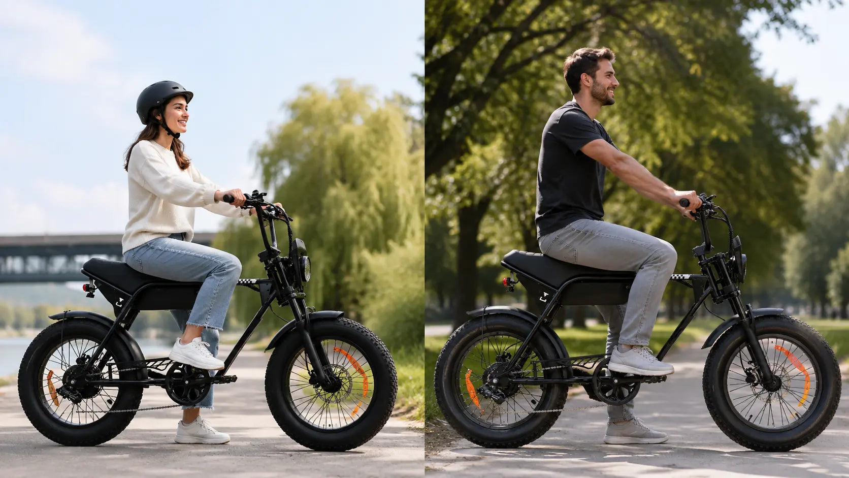 Rockbike Rumble 20 Zoll E-Fatbike mit zwei Fahrern unterschiedlicher Körpergröße