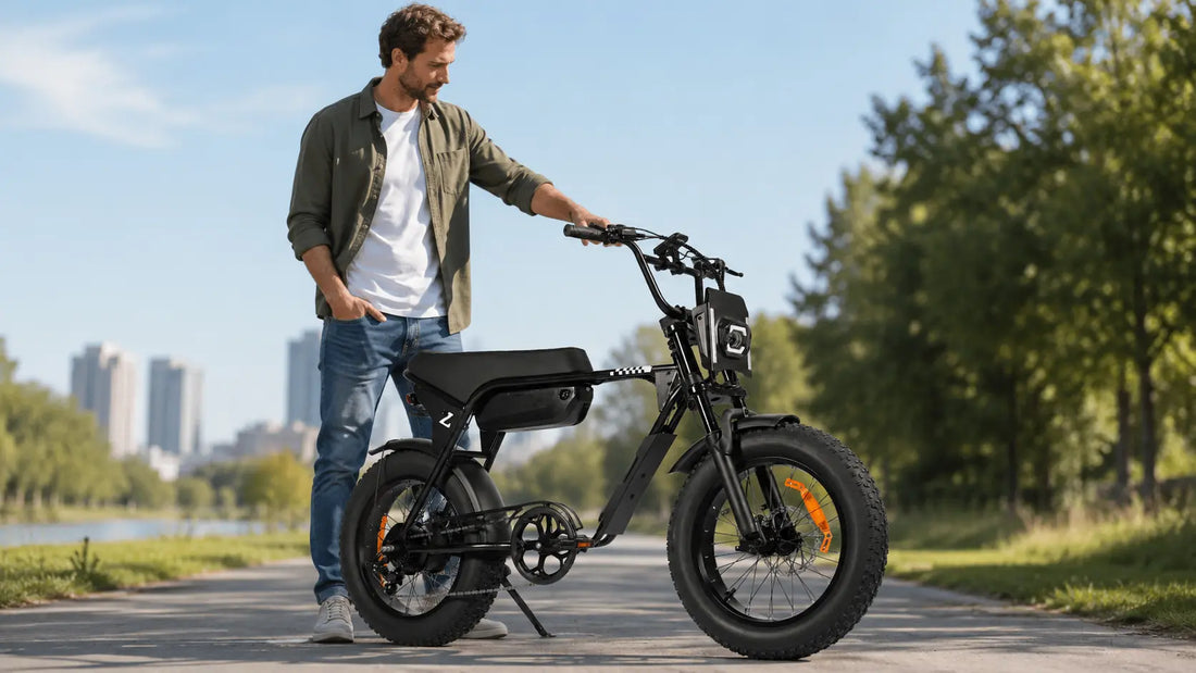 Mann betrachtet das Rockbike Rumble E-Fatbike auf einem Parkweg