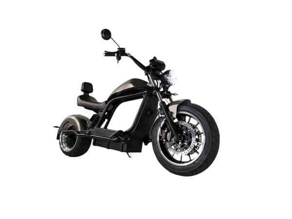 E-Chopper HL 6.0 Phantom in Titanium Steel (grau) – Schrägansicht, Elektro Chopper mit 45Ah Akku
