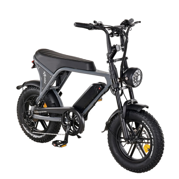 E-Fatbike V8 Mini Grau – E-Bike mit breiten Reifen, Frontscheinwerfer und sportlichem Design