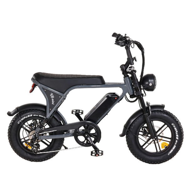 Elektro-Fatbike V8 Mini Grau – E-Bike mit breiten Reifen, Akku & Sattelbank Seitenansicht
