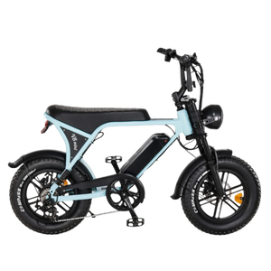 E-Fatbike V8 Mini in Hellblau – Seitenansicht mit Akku und breiten Reifen