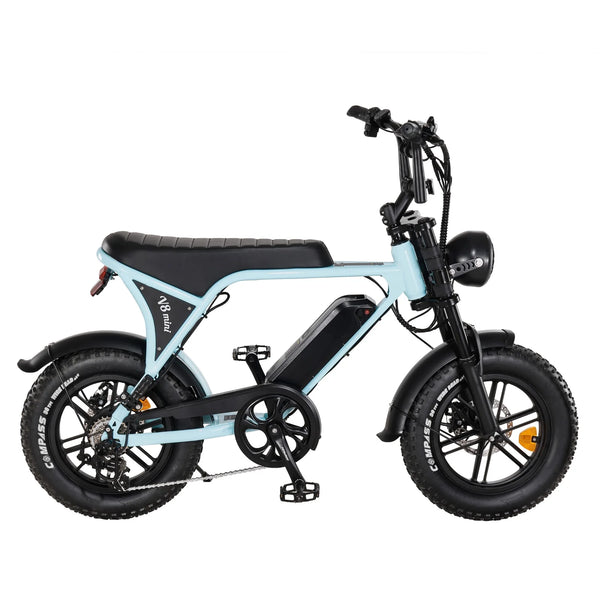 E-Fatbike V8 Mini in Hellblau – Seitenansicht mit Akku und breiten Reifen
