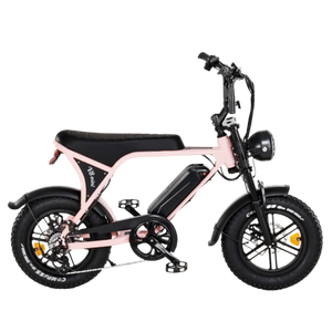 E-Fatbike V8 Mini in Rosa – Seitenansicht mit Akku und dicken Reifen