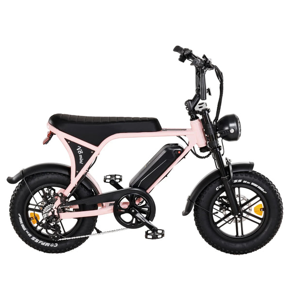 E-Fatbike V8 Mini in Rosa – Seitenansicht mit Akku und dicken Reifen