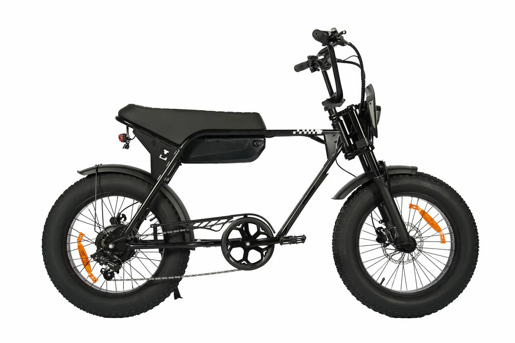 Rockbike Rumble E-Fatbike in Schwarz mit 20 Zoll Fatbike-Reifen in Seitenansicht