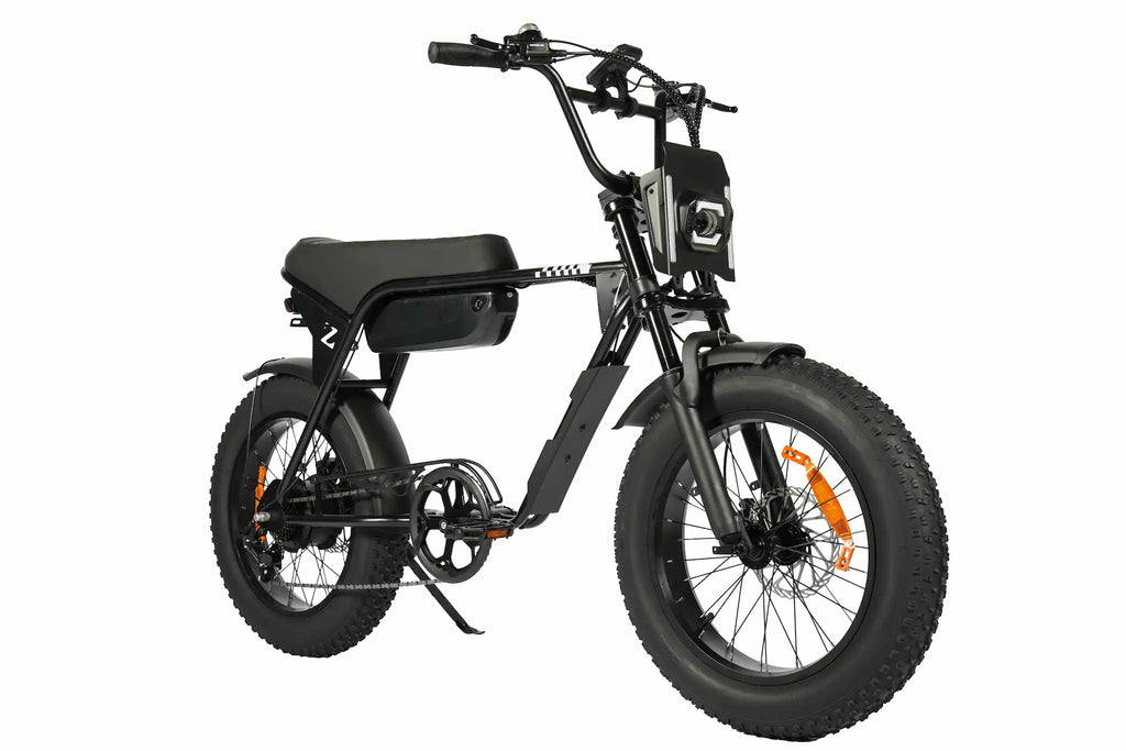 Schwarzes Rockbike Rumble 20 Zoll E-Fatbike in schräger Vorderansicht